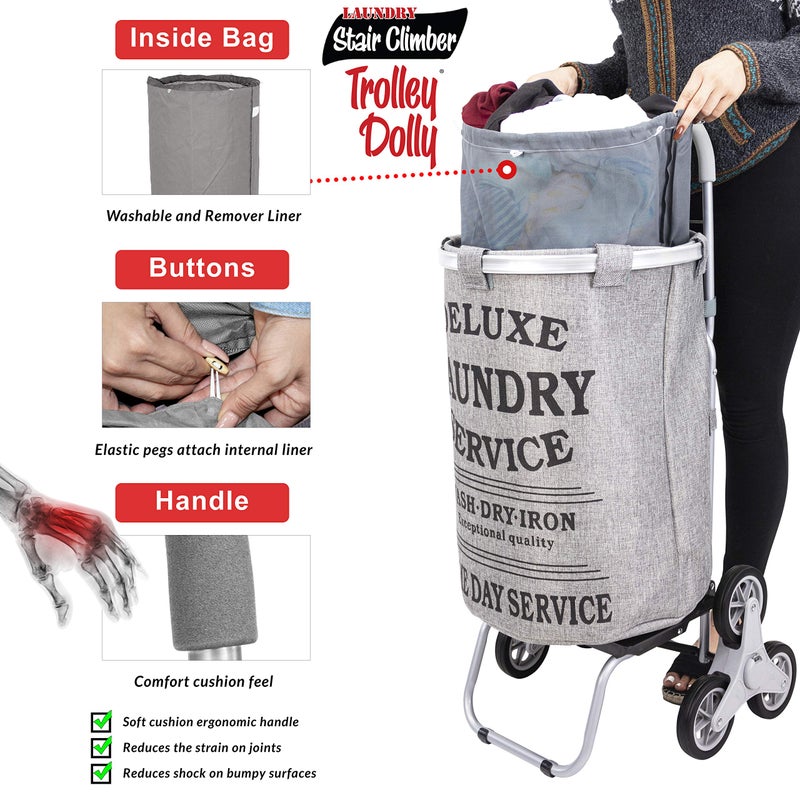 dbest products Stair Climber Laundry Trolley Dolly, Grey Laundry Bag Hamper Basket cart with wheels sorter - Image 3